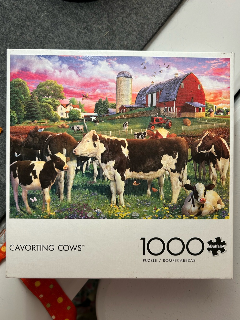 Buffalo David Bitton Cavorting Cows Puzzle - Red Barn & Green Fields